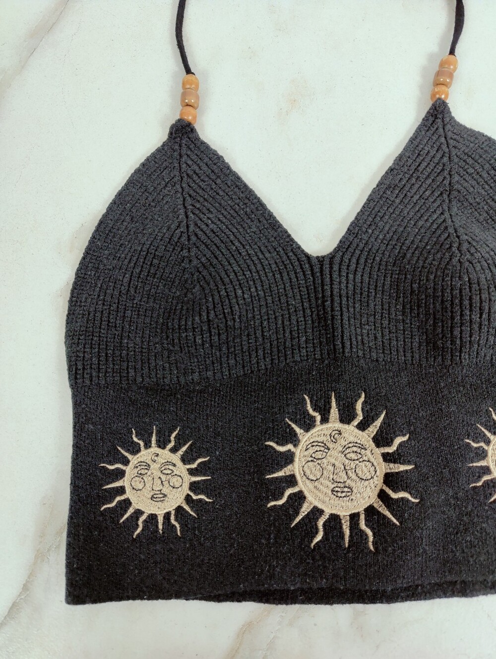 Hippie Embroidered Sun Black Knit Halter Top, Sz S - Picture 7 of 13